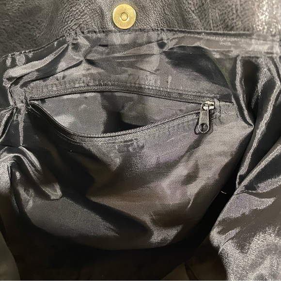 Black Vinyl Handbag Purse Bejeweled Zipper Gold Hardware Bag Double Handles - Picture 12 of 16